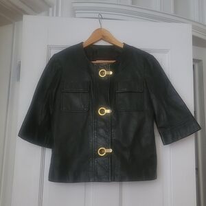 MMK Elbow Sleeve Chocolate Brown Leather Jacket with Gold Accents